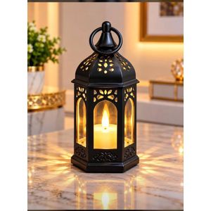 Vintage Decorative LED Lantern With Candle Light - Black Metal Lantern Lamp For Home Decoration Table Centerpiece Rechargeable 