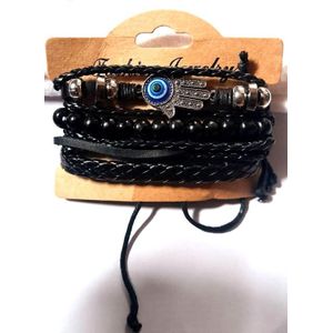 Blue Eye Woven Leather Men's Bracelet Multi-Layer 4in1 Set Black