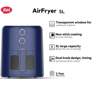 itel 5L Electric Manual Air Fryer with 3D Cyclone Oil-Free Cooking - 1500W