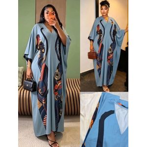 Women’s African Print Maxi Kaftan Dress – Elegant Loose Fit V-Neck Boubou