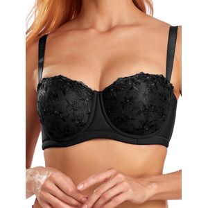Binnys Exquisite Black Lace Demi Cup Underwire Bra, with Bows Fixed Padding and Widened Side Wings for Sunday Church Services Elegant Lingerie