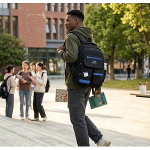 Black Backpack School Bag Men Students College Travel Daypack with Blue Zippers Side Pockets for Office Work Campus and Everyday Carrying university