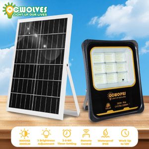 QCWOLVES LED Solar Flood Light Outdoor with Light Sensor, 200W Rechargeable Work Light Security Light w/ Remote Control, 3 Timer Settings, Brightness Adjustable,  8000K IP66 Waterproof Outside Daylight Wall Light w/ 3M Cable for Garage Garden Hallway Backyard