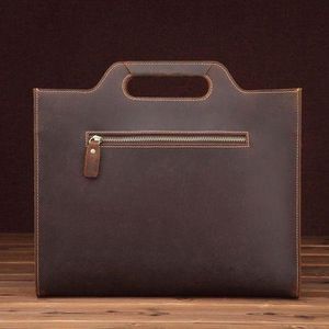 Men's Vintage Crazy Horse PU Leather Handheld Portfolio Briefcase – Executive A4 Document Organizer & Document Bag with Zipper Pocket