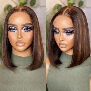 Glueless Chestnut Brown Highlights Straight  Closure Bob Wig - 10 Inches