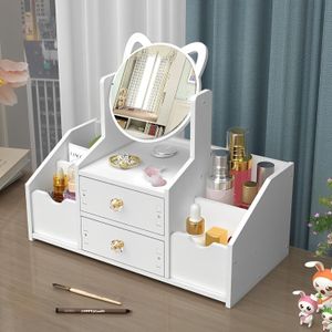 SIKITUT Large Cosmetic Storage Box with Round Mirror Drawer Holder Makeup Organizer White