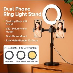 Buccino  Desktop Phone Stand with 16CM Ring Light, 3 Light Modes & 360° Rotation - Adjustable Height Tabletop Stand with 2 Clips for Live Streaming, Videos & Selfies