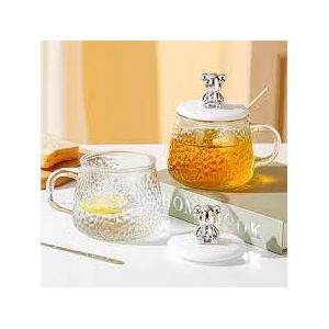 Textured Glass Coffee, Tea Mug with Plastic (silver-bear-crested) Lid and a Teaspoon 