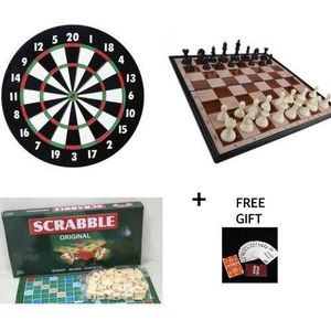 3-in-1 Chess, Scrabble & Dart Board Game Set – Family Strategy Games for Kids & Adults + Free whot card