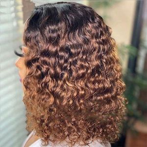 Kinky Curly Wig With Medium Parting Ombre Brown  Lace Front Fluffy Wigs
