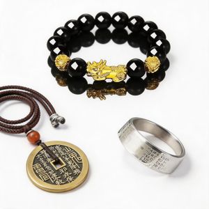 Feng Shui Pixiu Obsidian Stone Wealth Bracelet Ring Set
