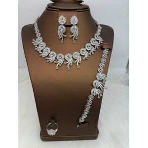 Zirconia Studded Exotic Ladies Super Bling Iced Out Silver Designer Diamond Complete 4 In 1 Jewelry Set