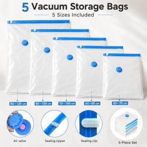 5 Pack Vacuum Storage Bags - Space Saver Compression Bags for Clothes Blankets Travel