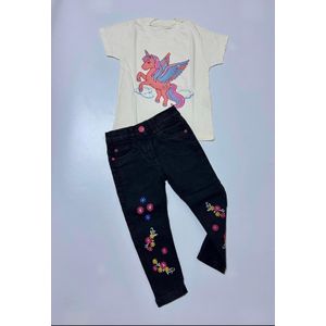 Children Girls Jeans and Stylish Polo Top Set- Versatile Casual Outing Wear 