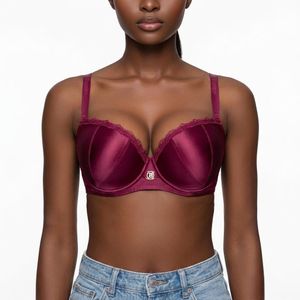 Binnys Burgundy Bra,Spectacular Rhinestone pendant, Adjustable Straps, Smooth Satin, Non-Removable Pads, Water-Soluble Lace, Women's Travel T-Shirt Bra
