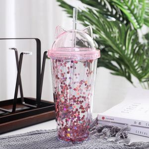 1pc Milk Tumbler With Dome Lid,Double Wall Plastic Drink Cup With  Straw,Reusable Clear Water Bottle Transparent Fruit Cup