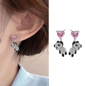 ONIBENZ Elegant Pink Heart Panda Drop Earrings 925 Silver Zirconia Dangle Set