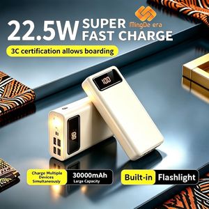 MingDe era 30000mAh portable power bank, supports PD 22.5W USB-C fast charging, built-in flashlight, and LED display.