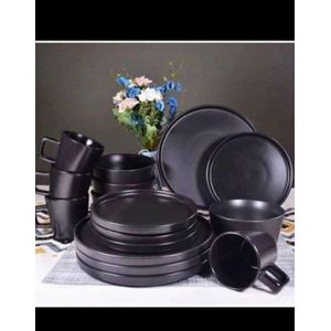 16 Pieces Matte Black Ceramic Dinner Set – Luxury Plates, Bowls & Cups Dinnerware Set for Home & Kitchen