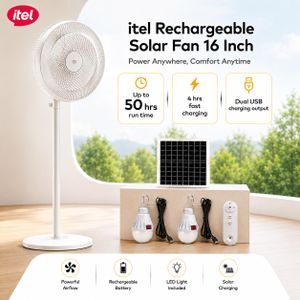 itel 16 Inches AC/DC Solar Rechargeable Fan With Remote, Solar Panel & 2 USB Bulbs