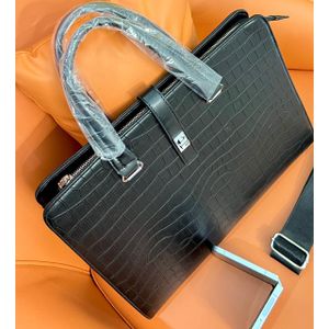 Men's black briefcase (or laptop bag/messenger bag) featuring a prominent crocodile or alligator skin texture.
