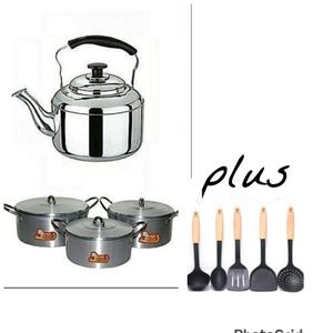 3 PCS COOKING POT PLUS 4 LITRES WHISTLING KETTLE PLUS 5 PCS NON STICK SILICONE COOKING SPOON SET
