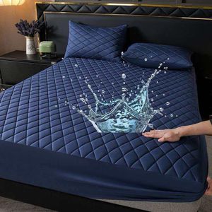 Blue Quilted Waterproof Cotton Fitted Mattress Protector 1.5x2m Breathable Elastic Bed Cover