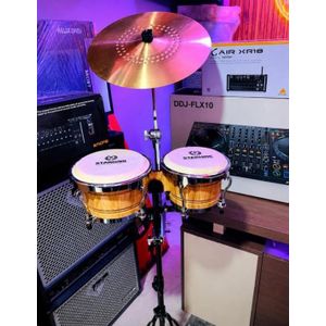 Professional Bongo Drum Set with Cymbals Stand Wood Finish Percussion 