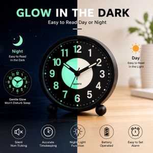 4.5-inch silent luminous battery alarm clock, no ticking sound, made of metal, suitable for deep sleepers, ideal for home bedrooms and offices.