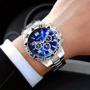 GENEVA Large dial Men's watch with steel strap, fashionable business style, white glass, digital quartz watch