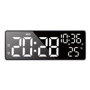 Digital wall clock with a 7-inch LED display that shows the date, day of the week, and temperature.