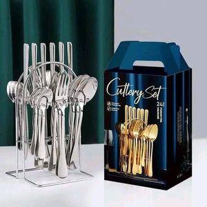 Stainless Steel Spoons, Forks & Knives Set With Rack - Silver 24pcs