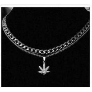 Cuban Link Chain With Leaf Pendant Silver