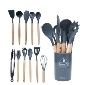 12Pcs Silicone Cooking Utensils Set - 230°C Heat Resistant Non-Stick Kitchen Spoon Set with Wooden Handles & Holder