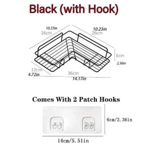 Black wire-mesh corner storage rack, wall- mounted organizer for bathroom or kitchen 2in1 