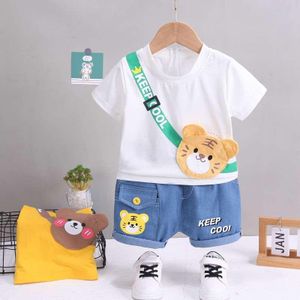  Kids Cartoon Bear 2-piece Summer Outfit- Tshirt With Attached Bear Ba Design & Short