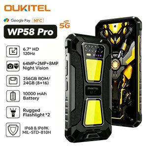 OUKITEL WP58PRO 5G Rugged Smartphone 256GB/8GB, 6.7"HD+120Hz, 10000mAh Battery, 64MP AI Camera with Night Vision, Double Camping Lights, IP68/IP69K Waterproof Rugged Phones, 33W Fast Charging, Android 15 Phones, Dustproof Phone,Dual SIM,NFC/GPS/Face ID,Black
