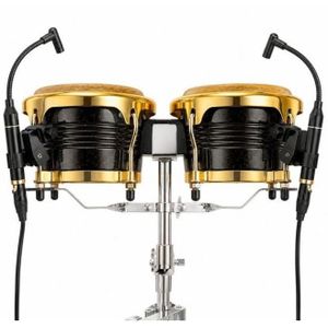 Premium Professional Bongo Drum Set - Black & Gold - With 2x Gooseneck Clip Condenser Microphones + Stand - For Church, Studio, Live Performance
