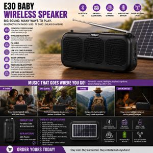 E30 Baby Wireless Bluetooth Speaker with Solar Charging  Portable Rechargeable FM Radio, USB/TF Card Music Player & Super Antenna