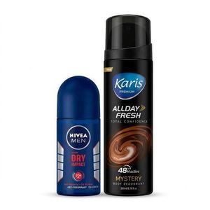 Karis Premium Mystery Body Spray (200ml) Combo Set and Men's Anti-Perspirant Roll-On (50ml) NAFDAC NO : A2-104929