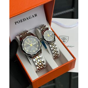 POEDAGAR Luxurious Quality 2 in 1 Couples Set Stainless Steel Wristwatch.