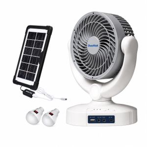 Duravolt 7inch 3in1 Solar Rechargeable Fan With Panel, 2 bulbs, Portable Fan, Rechargeable Table Fan