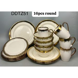 16PCS HIGH QUALITY STATEMENT GOLD & WHITE EUROPEAN LUXURY CERAMIC STONEWARE DINNER SET (ROUND-SHAPED)
