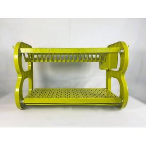 two-tier green plastic dish rack is designed for kitchen organization and drying.
