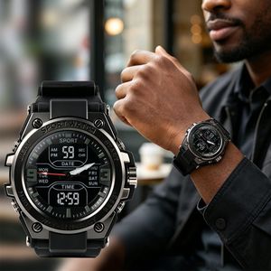 Men Dual Display Sports Watch, Waterproof LED Backlight Digital Analog Wrist Watch with Stopwatch Alarm