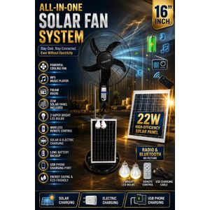 YOBOLIFE BEST Brand 16 Inches AC/DC Rechargeable LiFePO4 Standing Solar Fan WIth Radio/Bluetooth /22W Panel/Remote & 2Bulbs For Home & Office