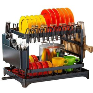  Plate Rack Dish Drainer, Dish Drying Rack for Kitchen Counter with Drainboard, Large 2 Tier Dish Rack and Drainboard Set with Cutlery Holder
