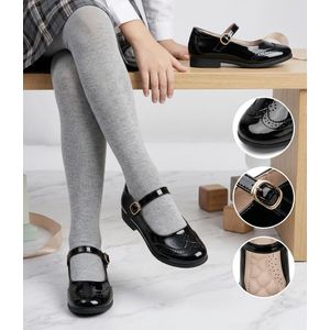 Luxury Kids Girls Patent Leather School Shoes - Elegant Orthopedic Mary Jane Brogues - Durable Comfortable Children Corporate Dress Shoes - Black
