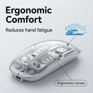 K-2000 transparent rechargeable wireless silent mouse featuring dual-mode connectivity with 2.4GHz and Bluetooth 5.1