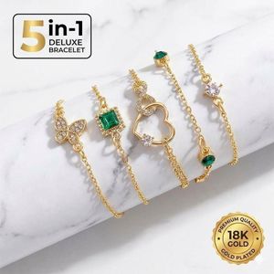 5 Pcs Gold Charm Bracelets for Women, Dainty Layered Crystal Bracelet Set with Butterfly Heart Emerald Green Gemstone Charms, Adjustable Chain Jewelry Gifts for Wife Girlfriend Mom